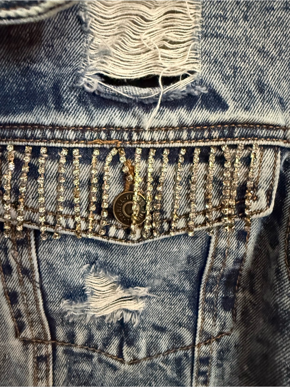 Thrill Jeans Distressed Cropped Denim Jacket Rhinestone Fringe Small - Picture 2 of 5